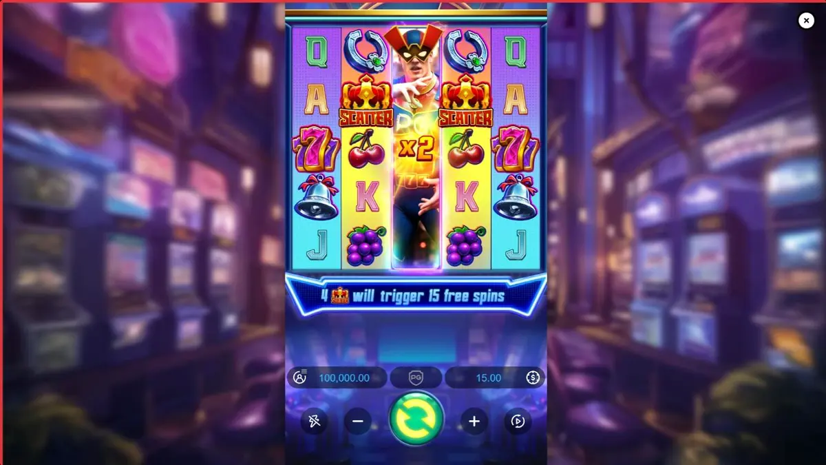 Interface do slot Super Wildrix com tema de super-herói neon