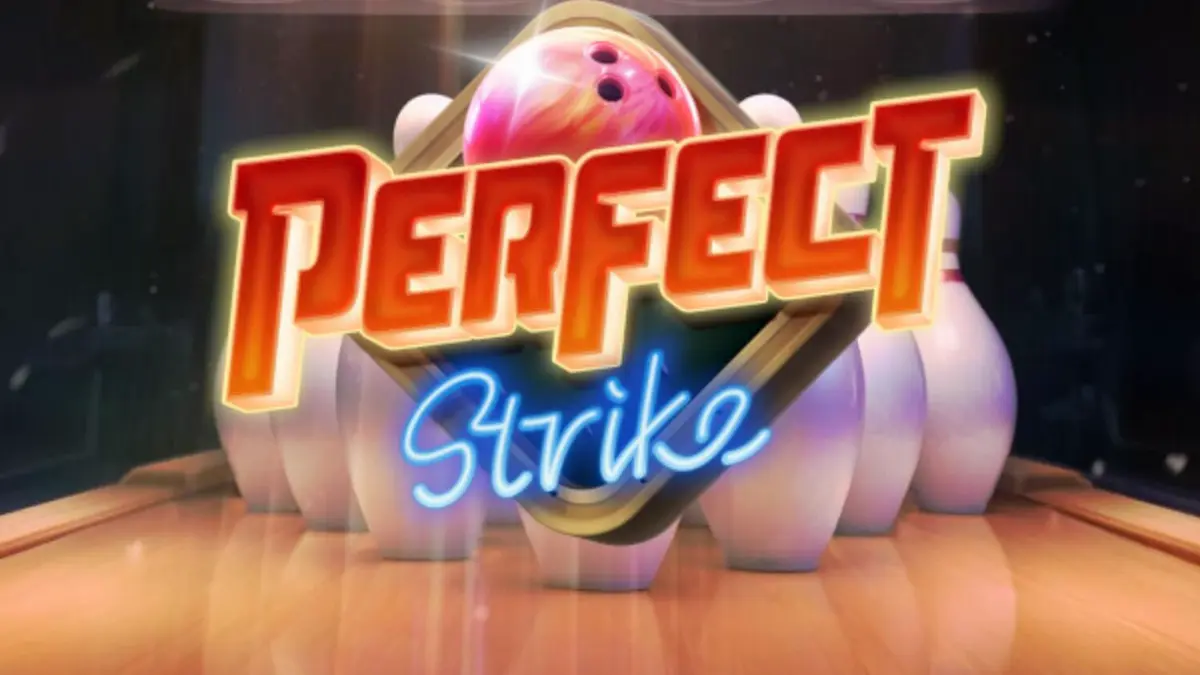 Interface do jogo de slot Perfect Strike com elementos de neon e boliche