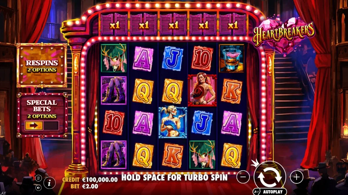 Cenário temático de burlesco e Velho Oeste no slot Heartbreakers