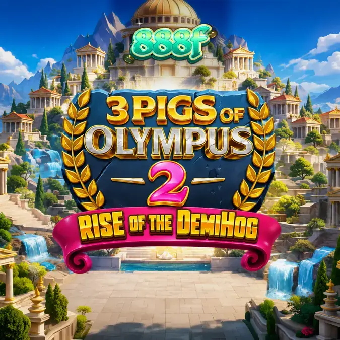Visual épico de 3 Pigs of Olympus 2 com temática de deuses suínos